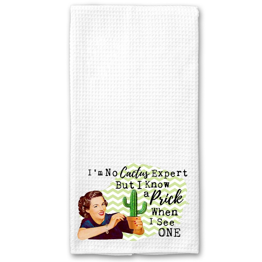 Funny Retro Waffle Weave Kitchen Towel I Know A Prick Cactus Humor White